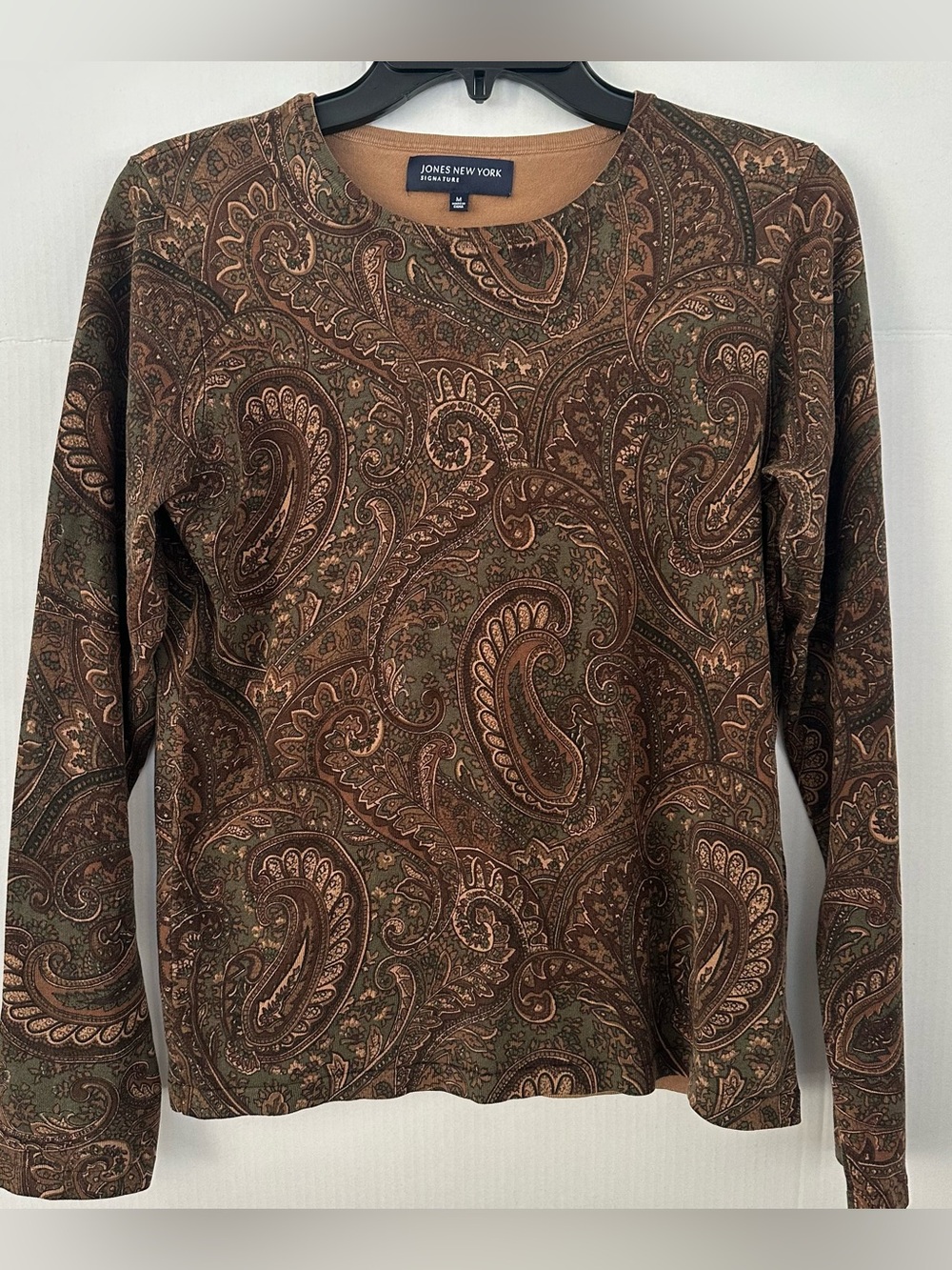 Jones New York Brown and Olive Paisley Crewneck Sweater